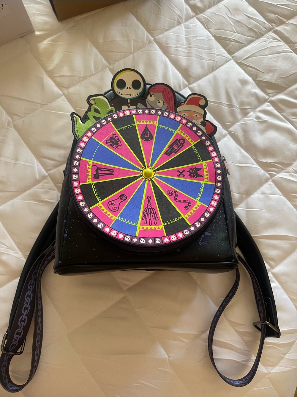 Loungefly Black Mini Backpack with Neon Wheel & Character Appliqués